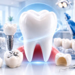 Tooth restoration treatments showing dental implants, crowns, bridges, and fillings used to repair damaged teeth and restore oral health.