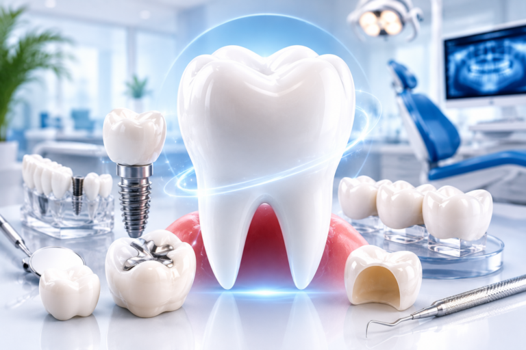 Tooth restoration treatments showing dental implants, crowns, bridges, and fillings used to repair damaged teeth and restore oral health.