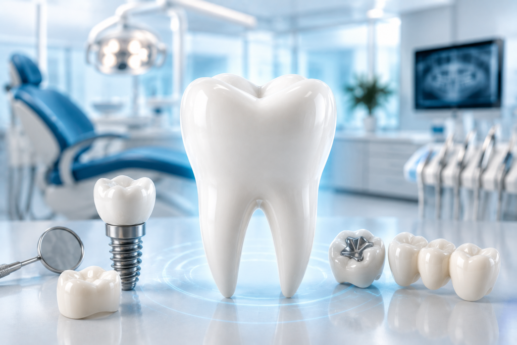 Tooth restoration options including dental implant, dental filling, crown, and bridge used to restore damaged teeth.