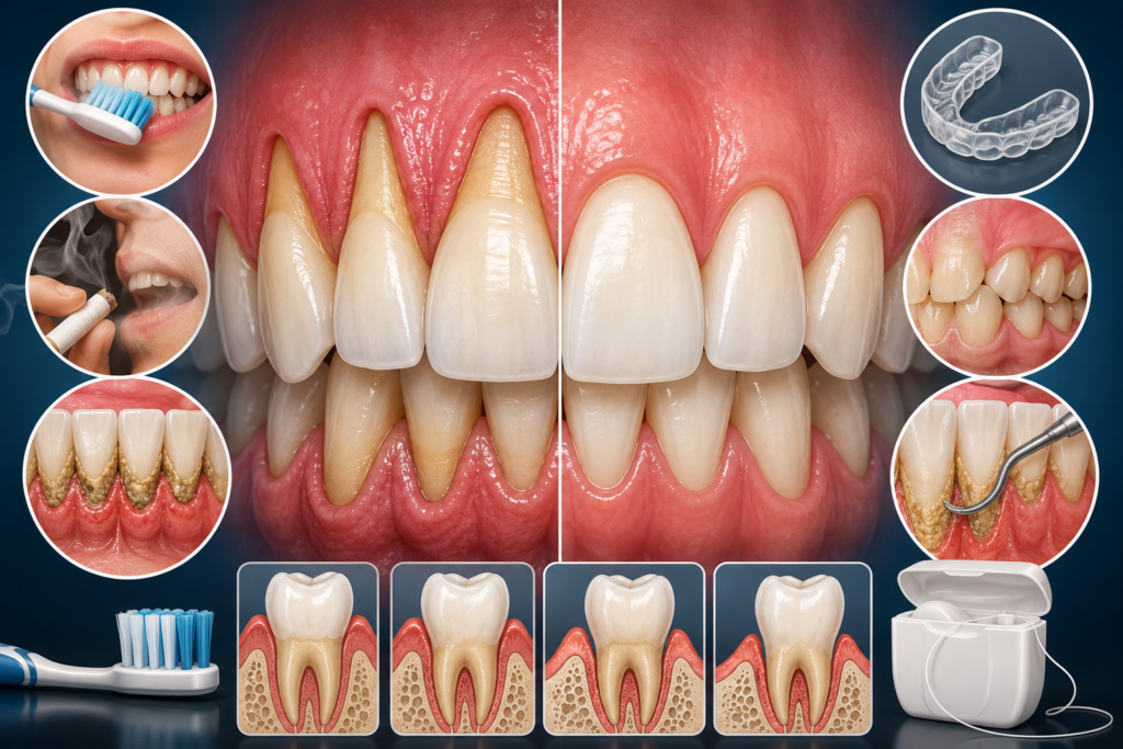 Illustration showing healthy gums compared with receding gums, including exposed tooth roots and common causes of gum recession.