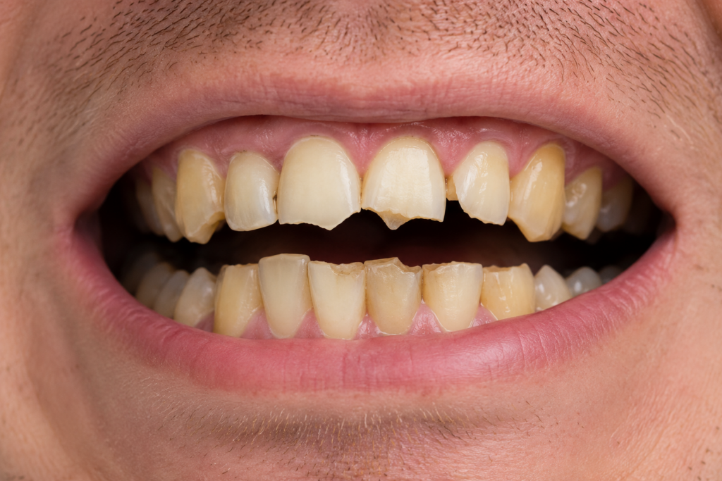 Minor chipped front tooth with a small enamel chip.