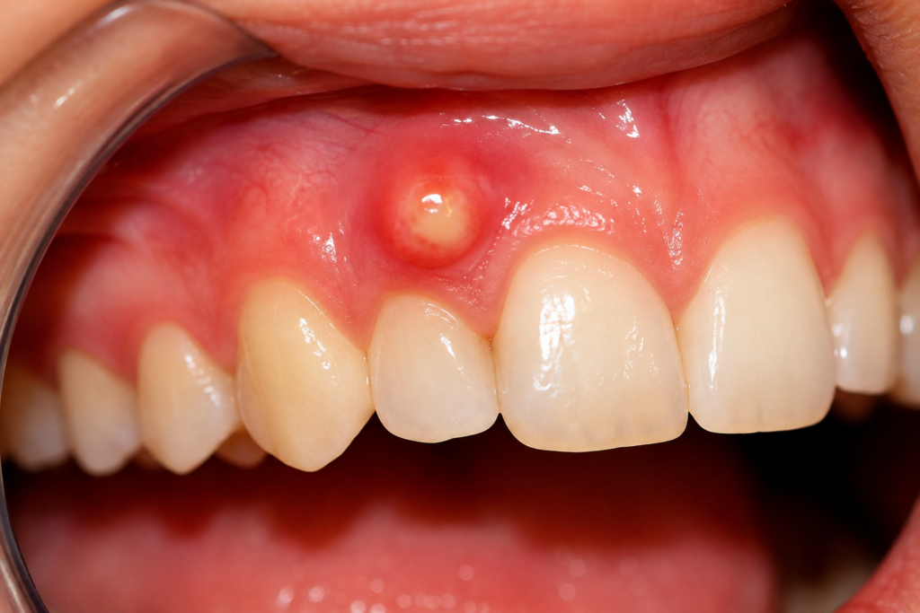 Close-up of a gum abscess with swelling above a tooth