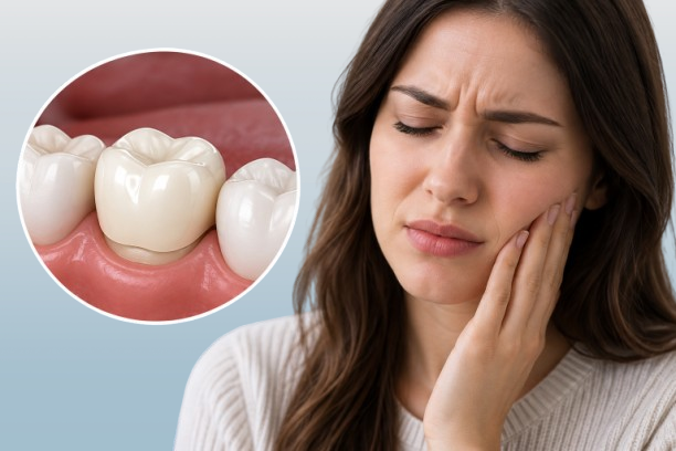 Woman experiencing dental crown pain with a close-up of a crowned tooth
