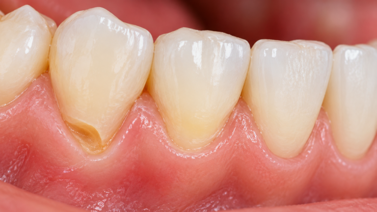 Close-up of a tooth with an abfraction-like notch near the gumline