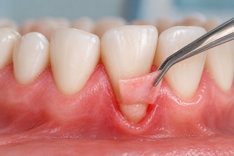 Gum graft procedure showing tissue being placed over a receding gum
